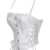 Elegant white lace trim double halter corset with button and lace-up details by LuckeLadybug LLC