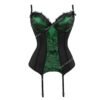 Plus size black lace corset with intricate green lace detailing and adjustable garters