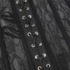 Close-up of plus size black lace corset featuring lace overlay and detailed lacing design