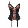 Plus size black lace corset with pink accents and adjustable straps for a flattering fit