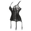 Plus size black lace corset with adjustable straps and garter clips for an elegant look