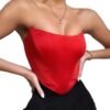 Red off shoulder corset top featuring a fitted design and sleek silhouette for a stylish look