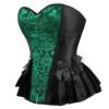 Elegant Victorian corset top for women featuring a green brocade design and ruffled black lace trim