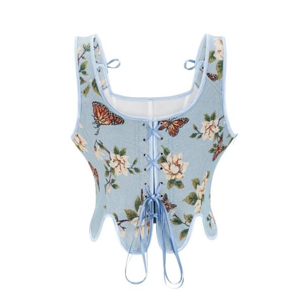 LuckeLadybug LLC Victorian corset top for women with butterfly and floral print details