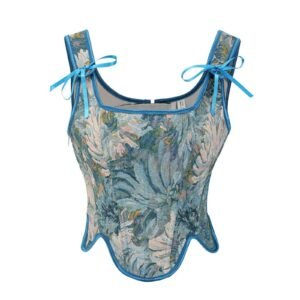 Beautiful floral printed Victorian corset top for women with bow-tie straps and a flattering silhouette