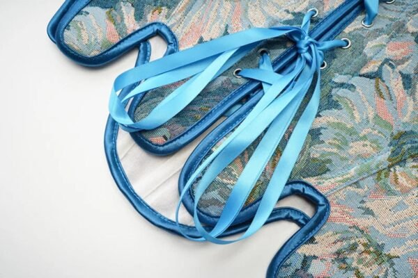Blue Victorian corset top for women with floral design and satin ribbons for lacing