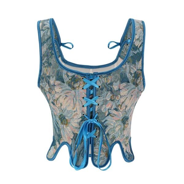 LuckeLadybug LLC Victorian corset top for women with floral design and blue lace-up details