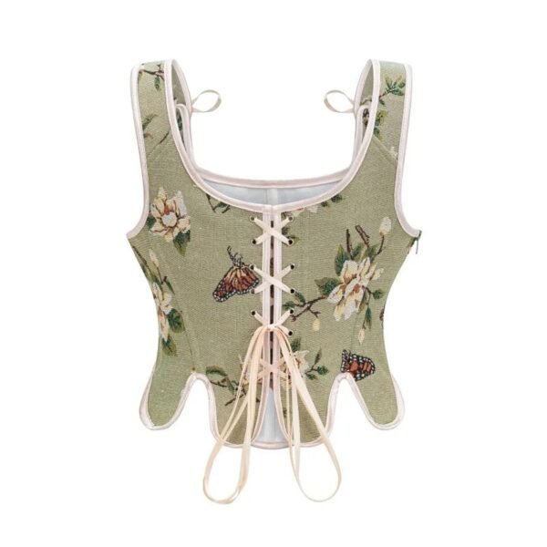 LuckeLadybug Victorian corset top for women in green floral print with lace-up front and adjustable ties