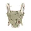 Green floral Victorian corset top for women with butterfly prints and adjustable straps