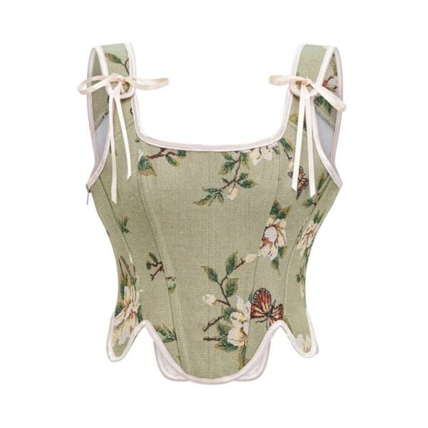 Green floral Victorian corset top for women with butterfly prints and adjustable straps