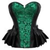 LuckeLadybug Victorian corset top for women in green and black with decorative buttons and satin bows