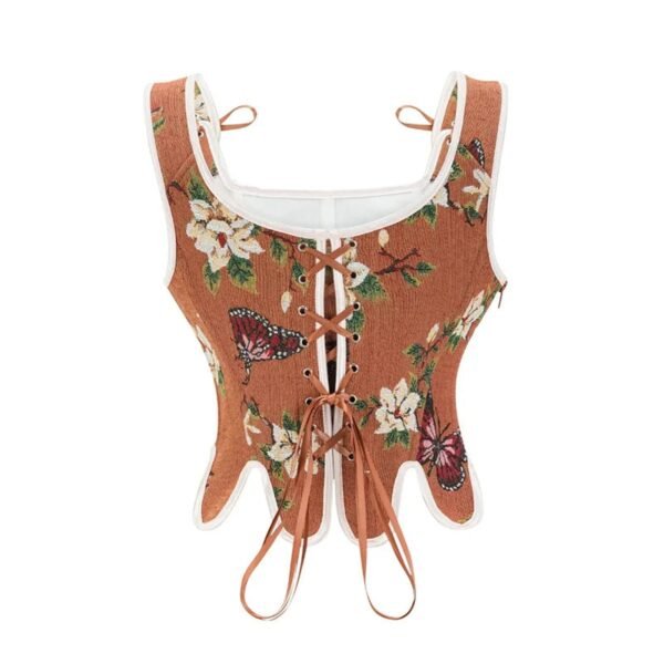 LuckeLadybug LLC Victorian corset top for women in floral design with lace-up front and butterfly accents