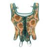 Floral Victorian corset top for women with sunflower print and lace-up design by LuckeLadybug LLC