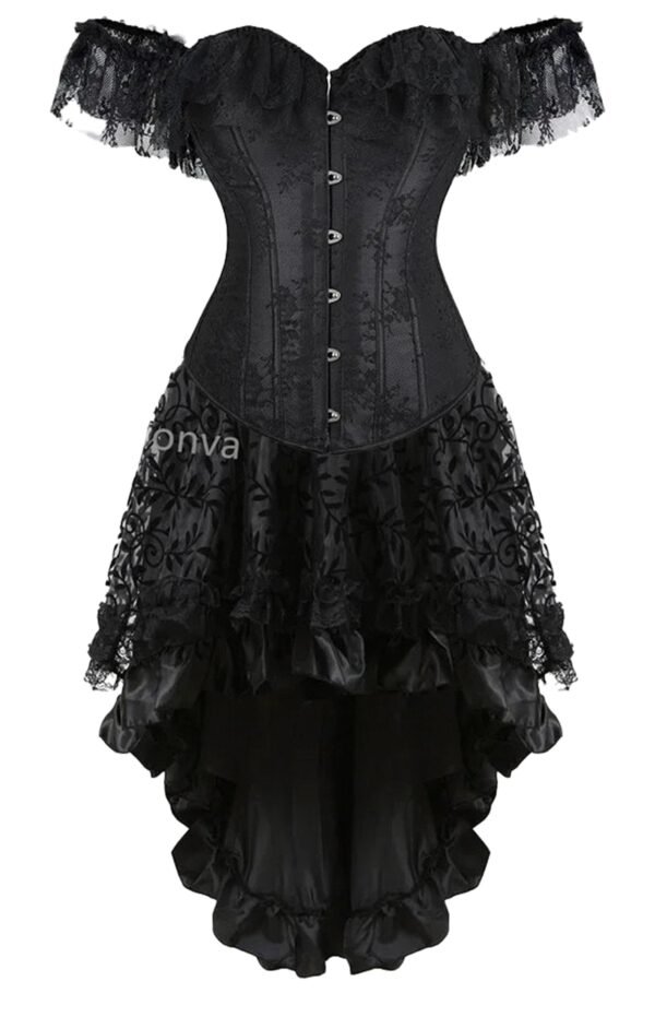 Elegant vintage burlesque corset dress with lace details and high-low hemline for a dramatic look