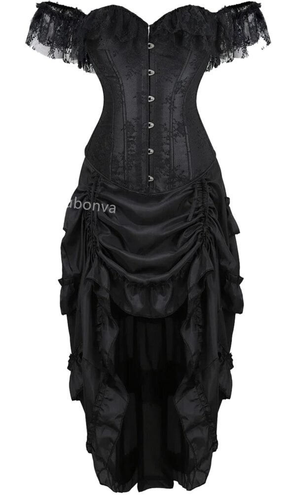 Elegant vintage burlesque corset dress with off-shoulder lace sleeves and ruffled skirt detail