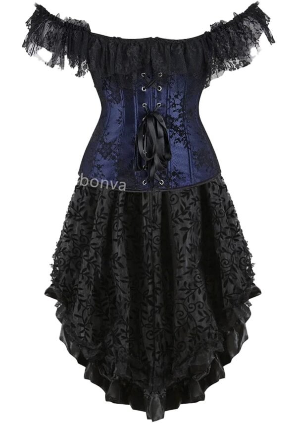 Elegant vintage burlesque corset dress with off-the-shoulder sleeves and a layered black skirt