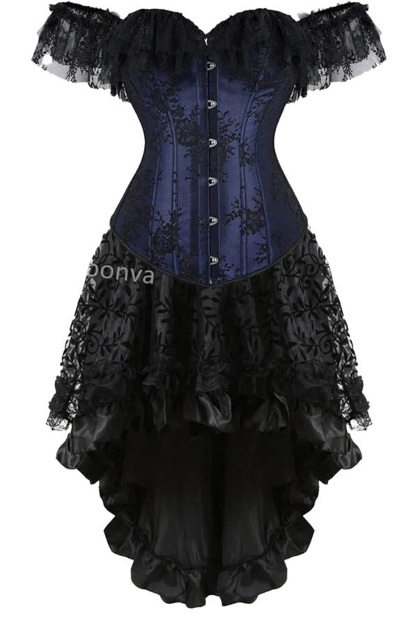 Vintage burlesque corset dress by LuckeLadybug LLC with off-shoulder lace details and high-low skirt