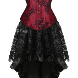 Vintage burlesque corset dress in red and black with lace accents and a flowing skirt