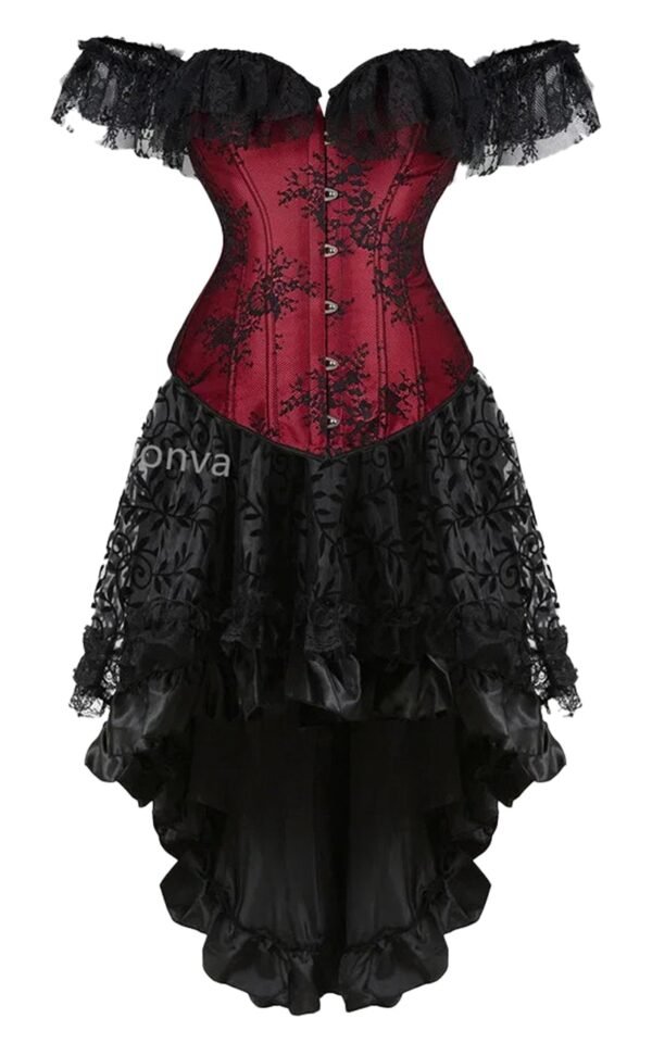 Vintage burlesque corset dress in red and black with lace accents and a flowing skirt