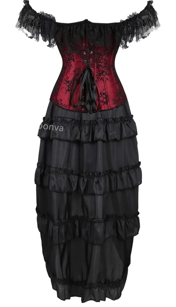 Elegant vintage burlesque corset dress with off-the-shoulder lace sleeves and ruffled black skirt
