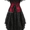 Vintage burlesque corset dress with off-the-shoulder lace sleeves and elegant black floral skirt