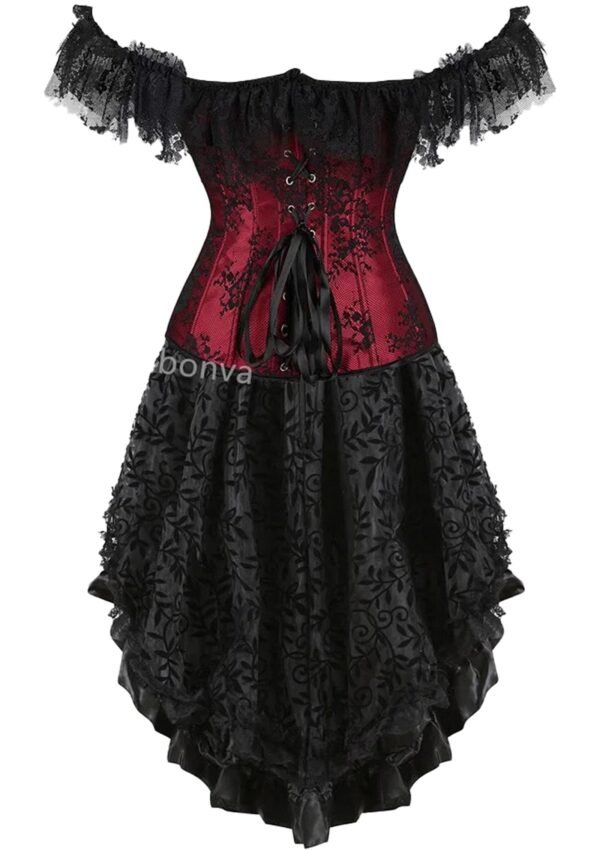 Vintage burlesque corset dress with off-the-shoulder lace sleeves and elegant black floral skirt