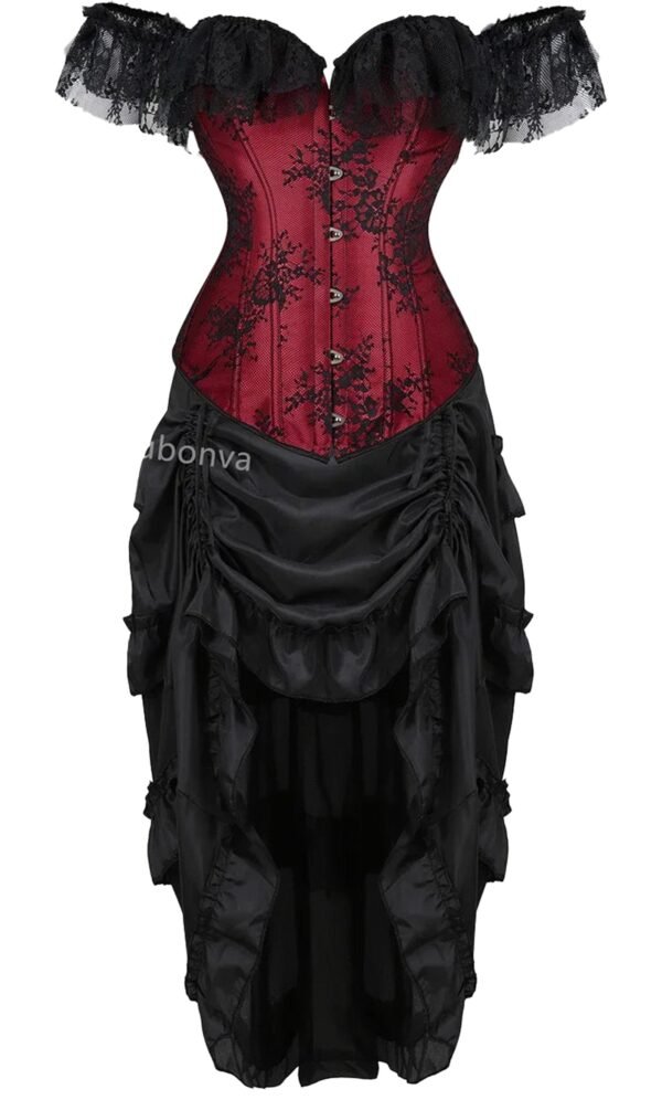 LuckeLadybug vintage burlesque corset dress with lace embellishments and flowing black skirt