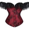 LuckeLadybug vintage burlesque corset dress with black lace sleeves and red patterned fabric