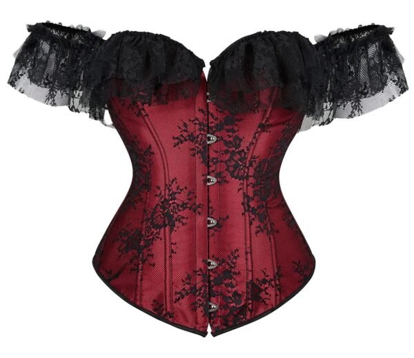 LuckeLadybug vintage burlesque corset dress with black lace sleeves and red patterned fabric