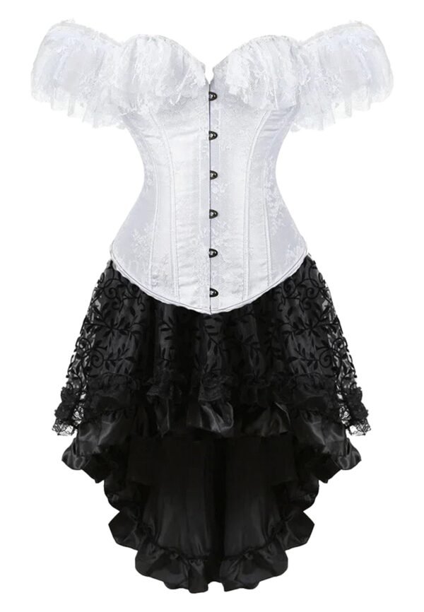 LuckeLadybug LLC vintage burlesque corset dress with off-shoulder sleeves and layered ruffled skirt
