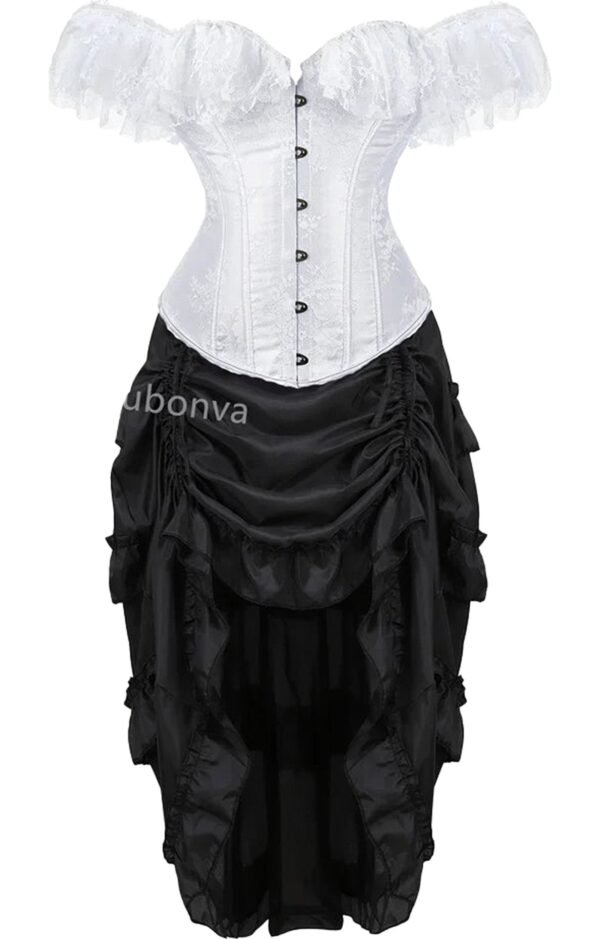 LuckeLadybug LLC Vintage Burlesque Corset Dress with Ruffled Sleeves and Tiered Skirt Detail