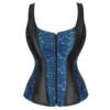 LuckeLadybug LLC plus size vintage corset vest for women in black and blue lace with a front zipper