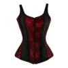 Plus size vintage corset vest for women in red lace with black side panels and zip closure