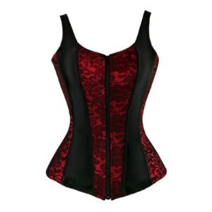 Plus size vintage corset vest for women in red lace with black side panels and zip closure