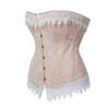 LuckeLadybug vintage jacquard overbust corset in soft pink with intricate lace trim and silver buttons