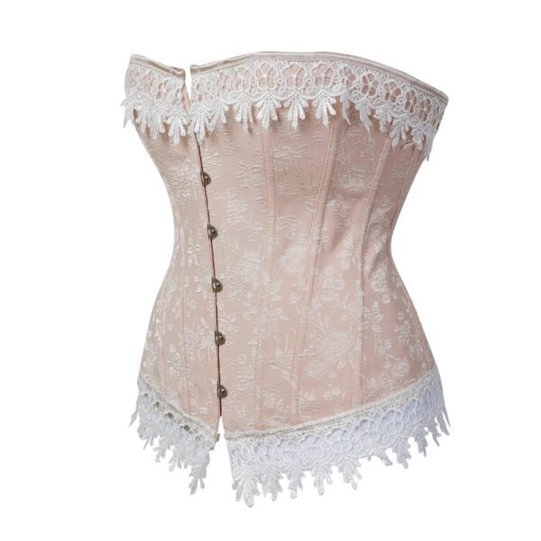 Vintage Jacquard Overbust Corset 16 Vintage Jacquard Overbust Corset LuckeLadybug vintage jacquard overbust corset in soft pink with intricate lace trim and silver buttons