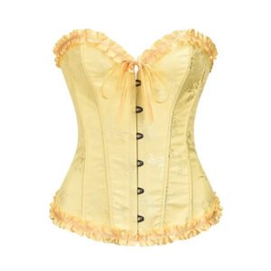 LuckeLadybug vintage Victorian corset top in yellow with ruffled trim and lace-up detail