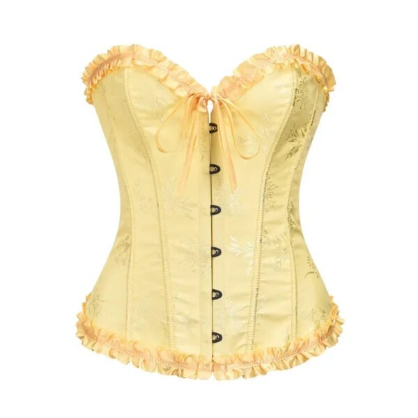 Vintage Victorian Corset Top In Yellow 1 Vintage Victorian Corset Top In Yellow LuckeLadybug vintage Victorian corset top in yellow with ruffled trim and lace-up detail