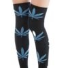 LuckeLadybug LLC weed print thigh high socks featuring blue cannabis leaf designs on a black background