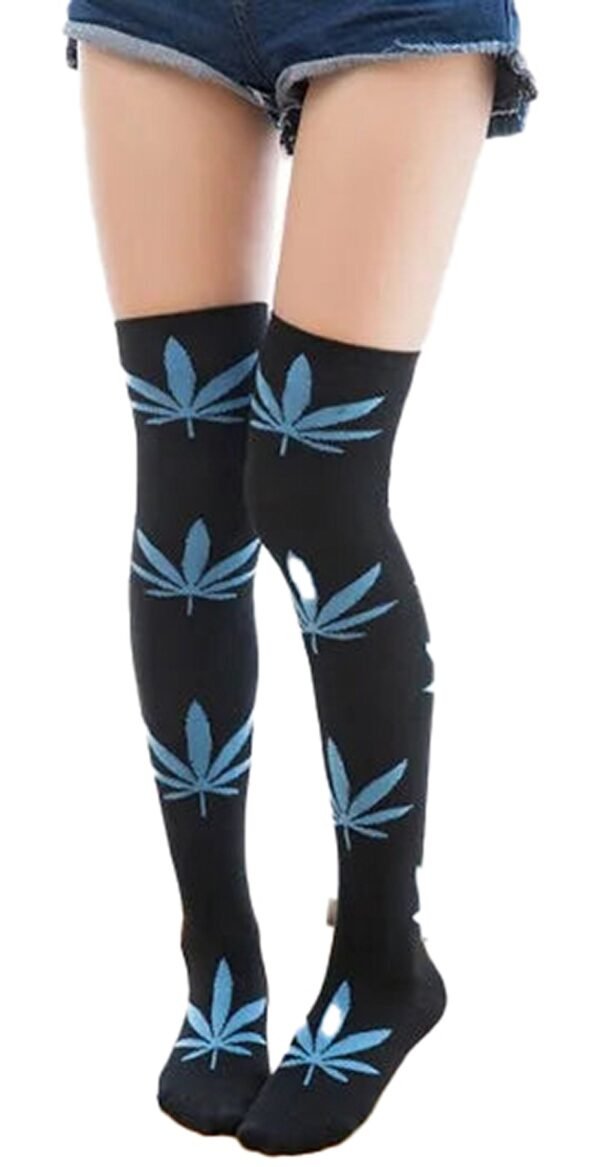 Weed Print Thigh High Socks For Trendy Style 36 Weed Print Thigh High Socks For Trendy Style LuckeLadybug LLC weed print thigh high socks featuring blue cannabis leaf designs on a black background