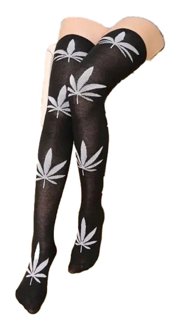 Weed Print Thigh High Socks For Trendy Style 35 Weed Print Thigh High Socks For Trendy Style LuckeLadybug LLC weed print thigh high socks featuring marijuana leaf designs on a black background