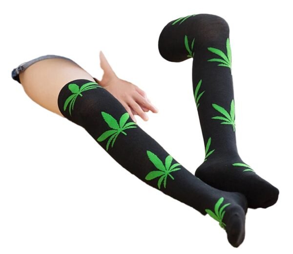 Weed Print Thigh High Socks For Trendy Style 31 Weed Print Thigh High Socks For Trendy Style LuckeLadybug LLC weed print thigh high socks in black with green cannabis leaf design
