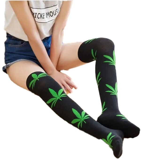 Weed Print Thigh High Socks For Trendy Style 29 Weed Print Thigh High Socks For Trendy Style LuckeLadybug LLC weed print thigh high socks with vibrant green leaf design on black fabric