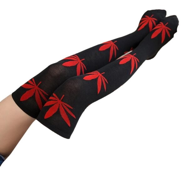 Weed Print Thigh High Socks For Trendy Style 34 Weed Print Thigh High Socks For Trendy Style Black weed print thigh high socks with red leaf designs for a trendy and stylish look