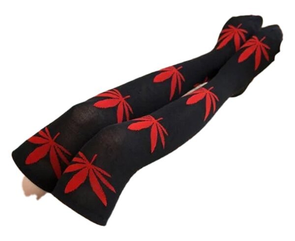 Weed Print Thigh High Socks For Trendy Style 37 Weed Print Thigh High Socks For Trendy Style LuckeLadybug LLC weed print thigh high socks with red leaf design on a black background