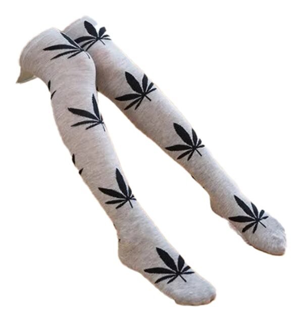 Weed Print Thigh High Socks For Trendy Style 38 Weed Print Thigh High Socks For Trendy Style LuckeLadybug weed print thigh high socks in gray with black cannabis leaf design