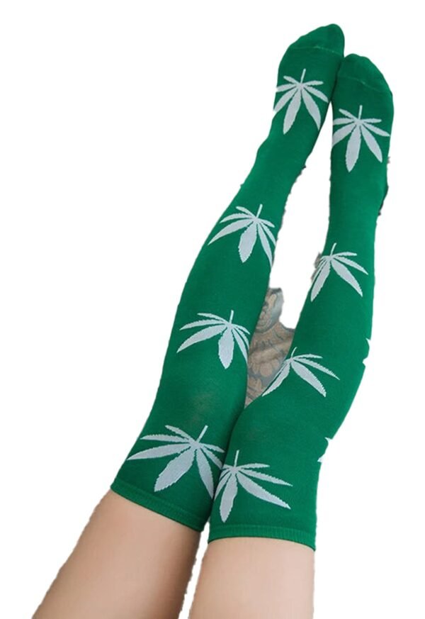 Weed Print Thigh High Socks For Trendy Style 32 Weed Print Thigh High Socks For Trendy Style Green weed print thigh high socks featuring a stylish leaf pattern for trendy looks