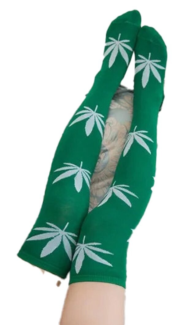 Weed Print Thigh High Socks For Trendy Style 40 Weed Print Thigh High Socks For Trendy Style Weed print thigh high socks in green with stylish leaf designs from LuckeLadybug LLC