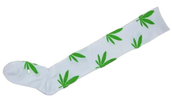 Weed Print Thigh High Socks For Trendy Style 33 Weed Print Thigh High Socks For Trendy Style LuckeLadybug LLC weed print thigh high socks with green leaf designs on a white background