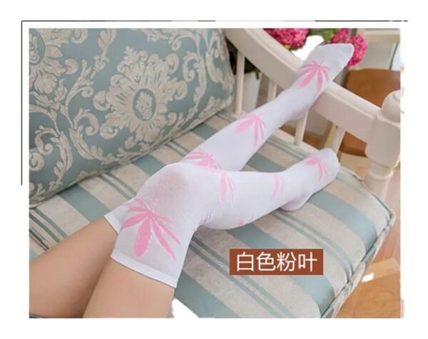 Weed Print Thigh High Socks For Trendy Style 41 Weed Print Thigh High Socks For Trendy Style White weed print thigh high socks featuring pink leaf designs for stylish casual wear
